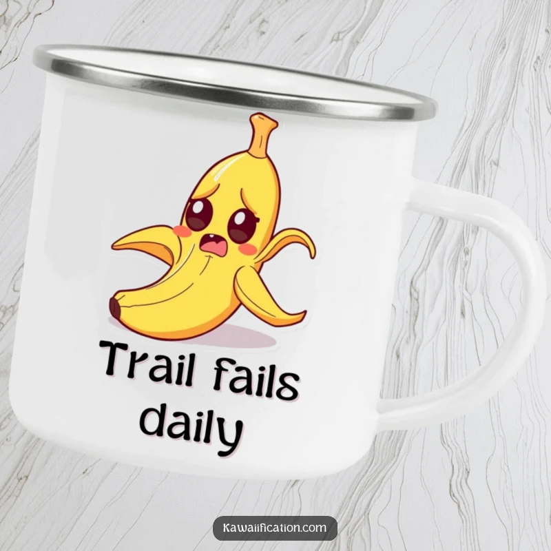 Funny startled banana peel slipping on itself with wide eyes, durable enamel camping mug with a comical cartoon character, ideal funny gift.