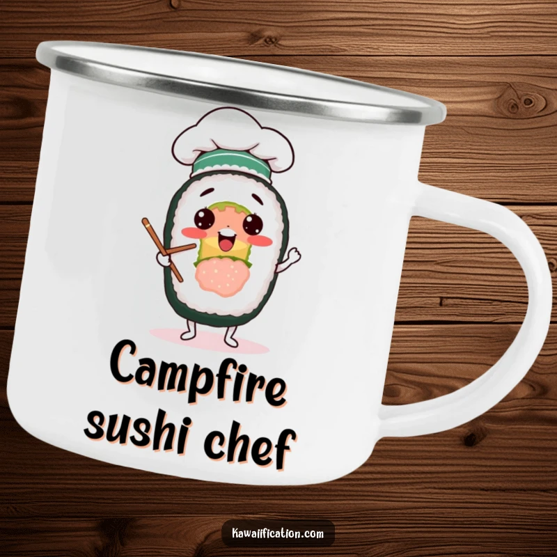 Funny camping mug showing a cheerful sushi roll in a chef hat, comically juggling chopsticks, ready for outdoor culinary fun.