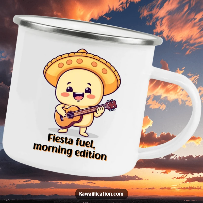 Funny camping mug featuring a delighted taco in a mariachi hat, playing a tiny guitar, ready for campfire songs and adventures.