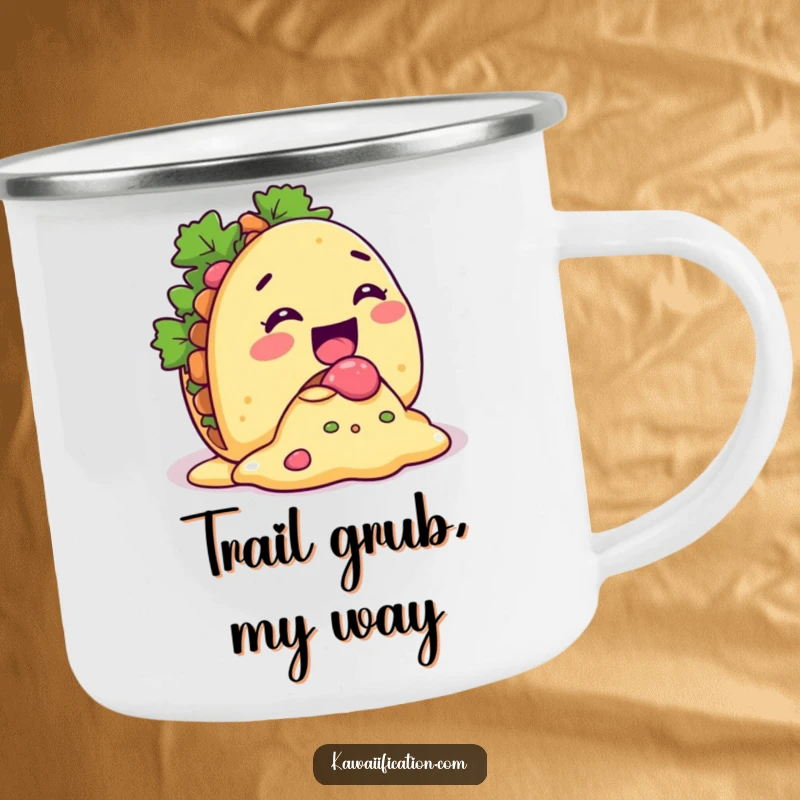 Funny Taco Spill Camping Mug with a giggling taco character with its filling comically spilling out, perfect for outdoor fun.