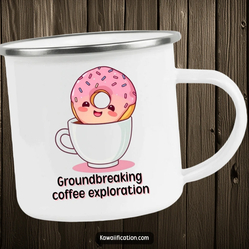 Funny camping mug with a giggling donut with sprinkles floating upside down in a coffee mug.