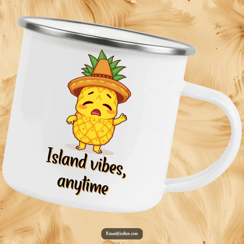 Funny camping mug featuring a bewildered pineapple in a sombrero, comically attempting to limbo, ready for outdoor enjoyment.