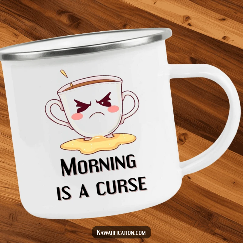 Funny camping mug featuring a grumpy teacup spilling its drink while winking, great for outdoor coffee lovers.
