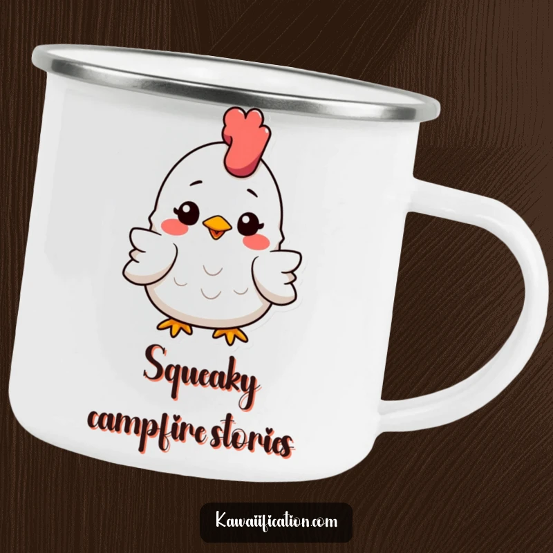Funny Camping Mug with a slightly squashed but smiling rubber chicken, ready for outdoor fun and humorous moments.