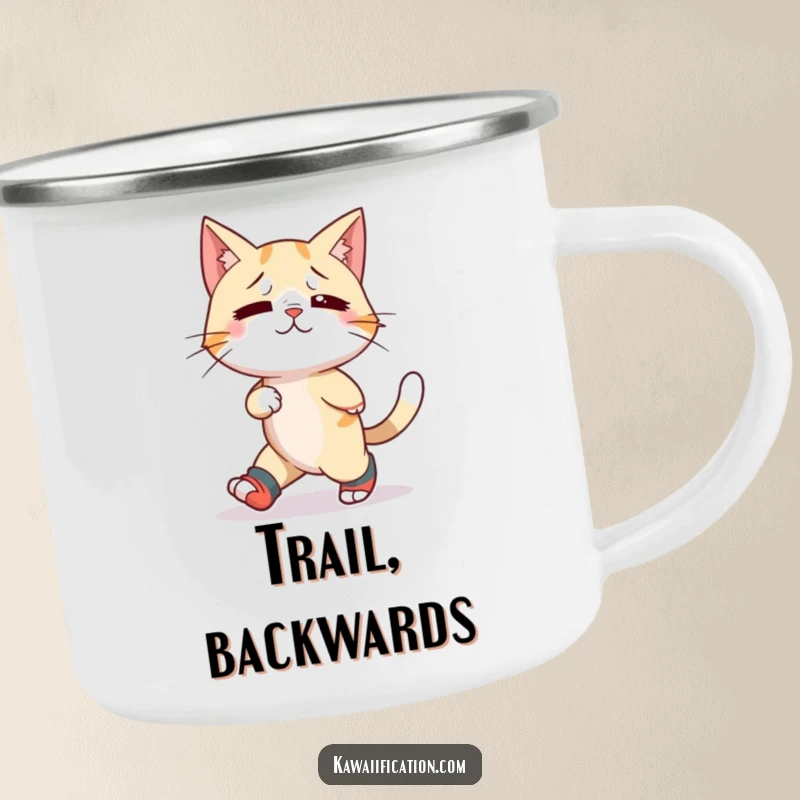 Funny camping mug showing a confused cat humorously wearing mismatched socks and attempting backward motion, perfect for outdoor fun.