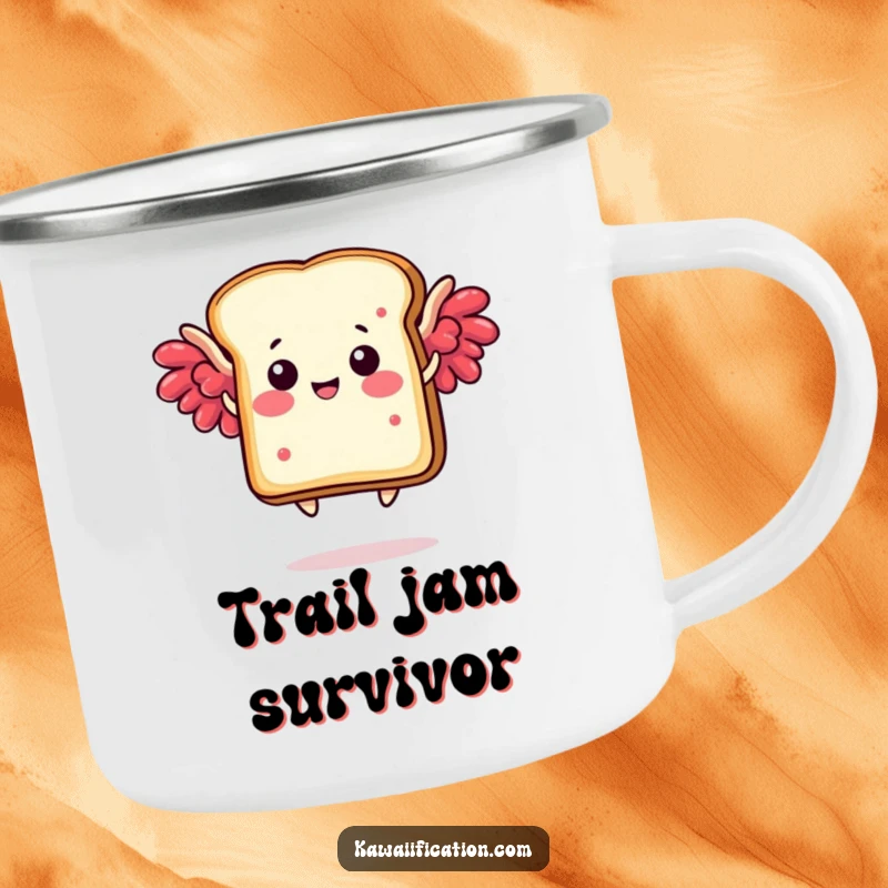 Funny camping mug showing a happy toast slice with jam wings humorously flying, perfect for outdoor lovers with a sense of humor.