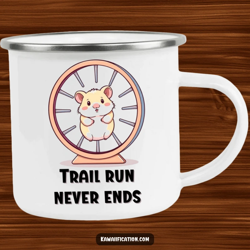 Funny Camping Mug showing a hamster running in a giant wheel, symbolizing endurance on outdoor adventures.