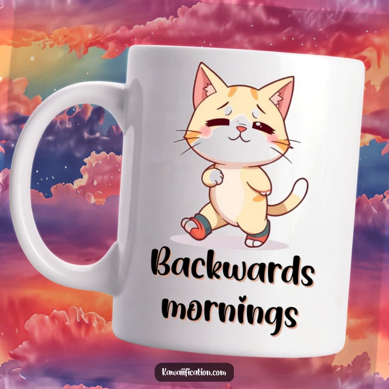 Funny mug depicting a confused cat humorously wearing mismatched socks and attempting to walk backward, showcasing feline chaos.