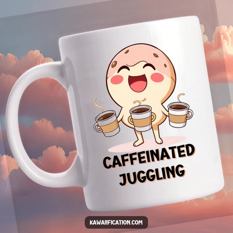 Funny mug depicting a laughing donut character comically juggling three tiny coffee cups, embodying breakfast fun and caffeine addiction.