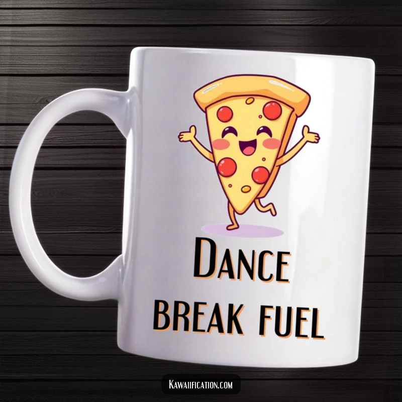 Funny mug featuring a cheerful pizza slice character doing a happy little dance, full of cheesy joy and playful energy.
