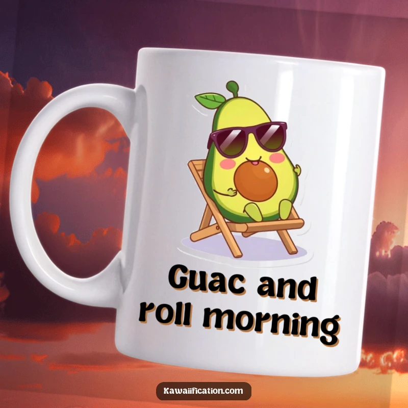 Funny smiling avocado character wearing sunglasses, lounging on a tiny beach chair, perfect for a fun mug.