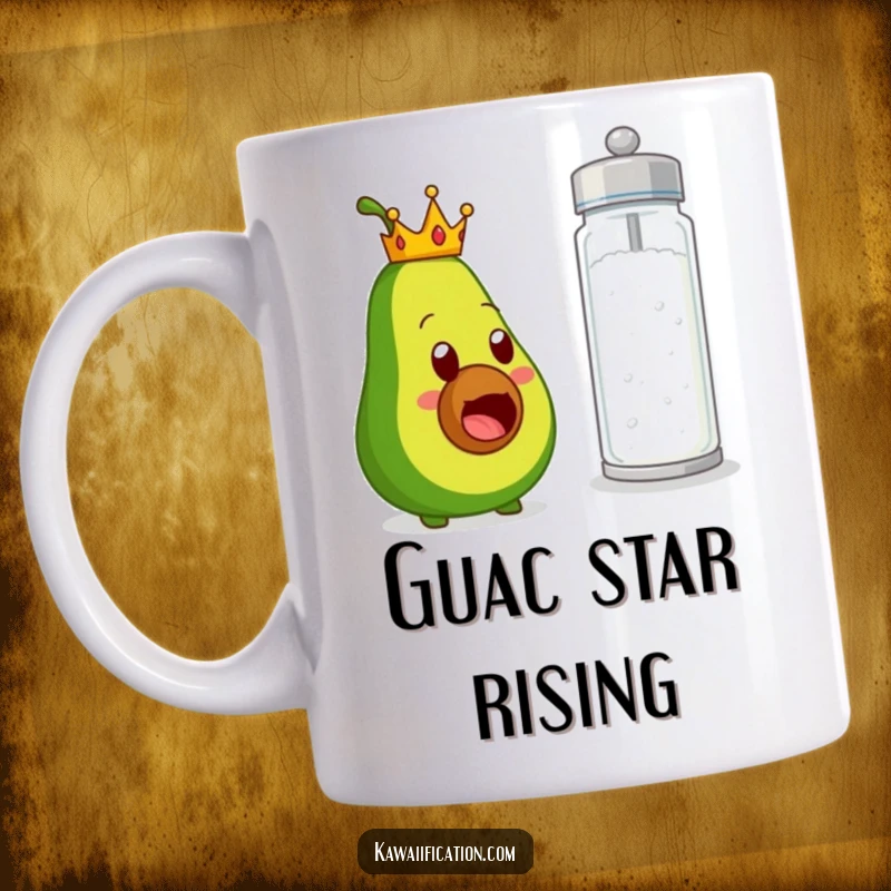 Funny mug featuring a crowned avocado character looking comically shocked at an oversized salt shaker, capturing a moment of food-related surprise.