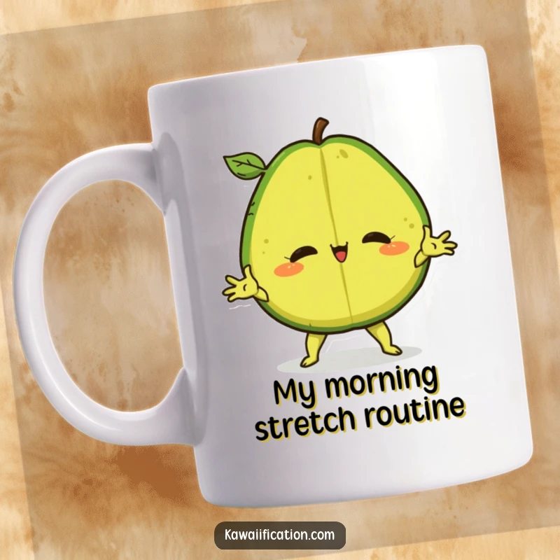 Funny Mug featuring a confident avocado performing a dramatic ballet split, showcasing its flexibility and humor.