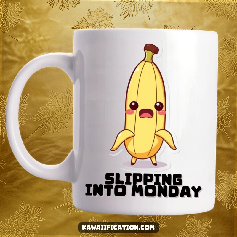 Funny mug featuring a startled banana character whose peel is comically slipping off in surprise, a humorous twist.