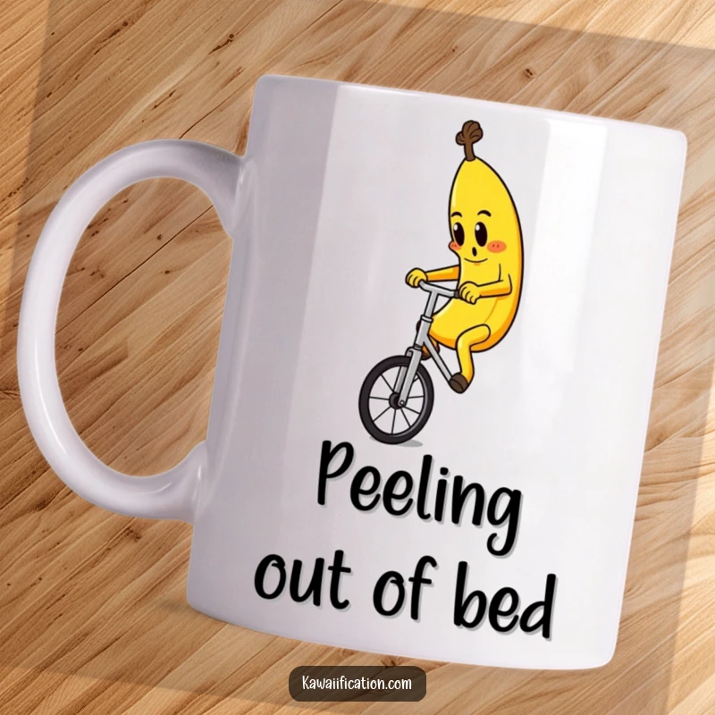Funny mug showcasing a determined banana character comically attempting to ride a unicycle, exuding perseverance and fruity fun.
