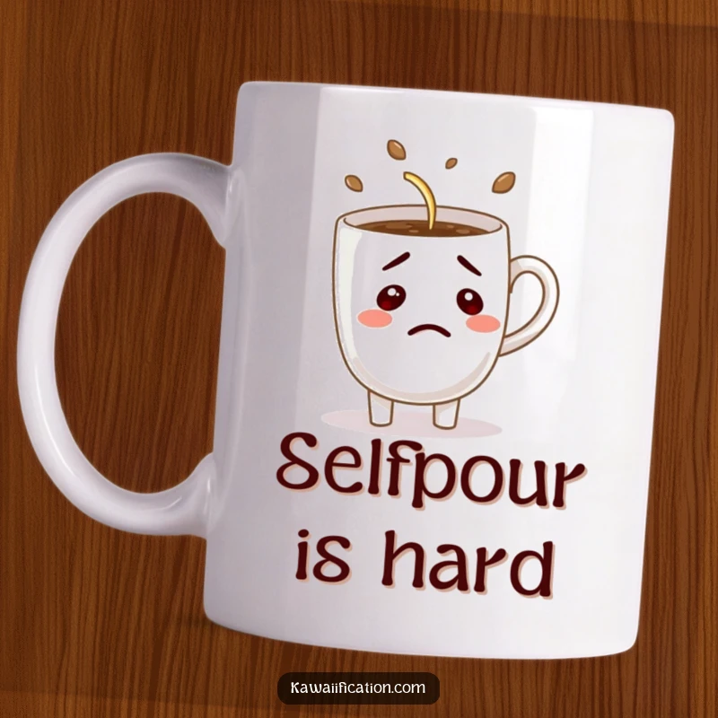 Funny coffee mug featuring a bewildered coffee cup character comically attempting to pour itself, embodying morning chaos.