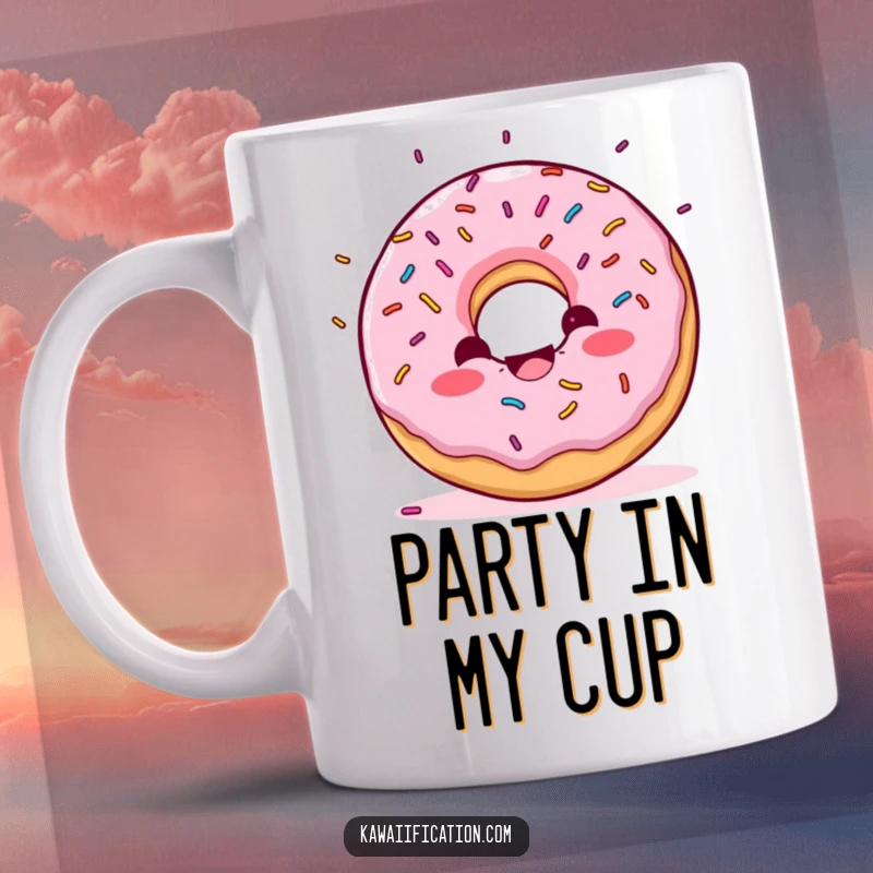 Funny Donut Confetti Mug graphic of a delighted donut character with sprinkles falling like confetti, a joyful and festive gift.