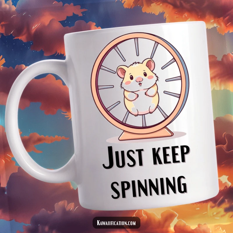 Funny Mug depicting a tiny hamster spinning furiously within an oversized, perpetually moving wheel, illustrating a sense of being overwhelmed.