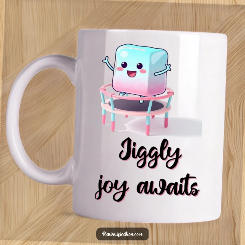 Funny mug featuring a wobbly jelly cube character joyfully bouncing high on a colorful candy trampoline, radiating pure excitement and sugary fun.