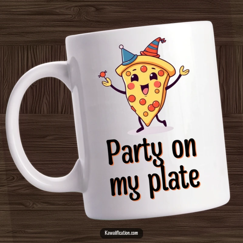 Funny mug featuring a pizza slice character juggling itself, with each slice wearing a tiny party hat, embodying festive fun.