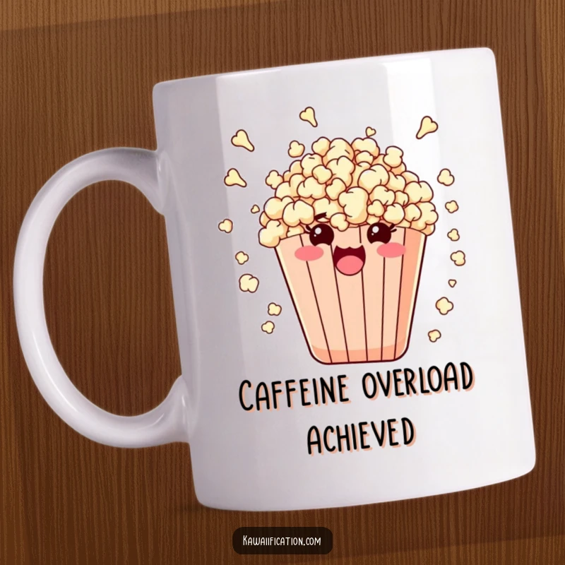 Funny coffee mug depicting an excited bag of popcorn bursting outwards with extreme enthusiasm and joy.
