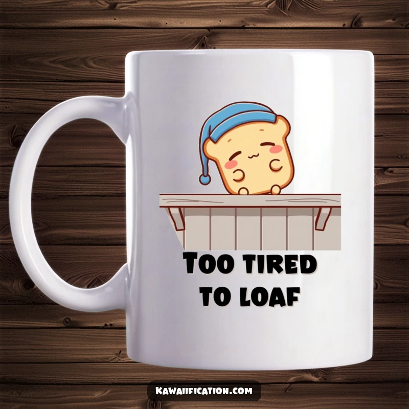 Funny sleepy bread loaf wearing a nightcap, falling off a shelf, cartoon character in a comical slumber mishap, ideal for a funny gift.