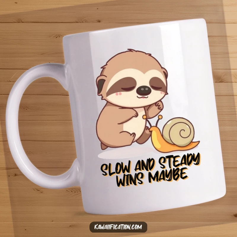 Funny sloth mug depicting a sleepy sloth comically losing a race to a determined, speedy snail, perfect for slow mornings.