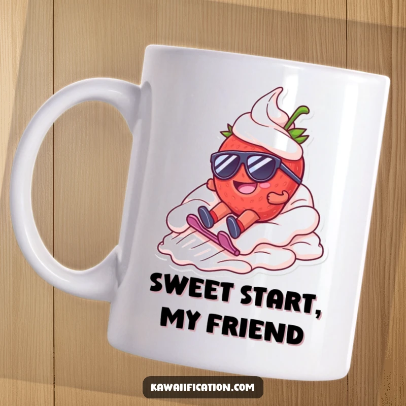 Funny mug featuring a happy strawberry in sunglasses, dramatically sliding down a mountain of whipped cream, exuding pure joy.