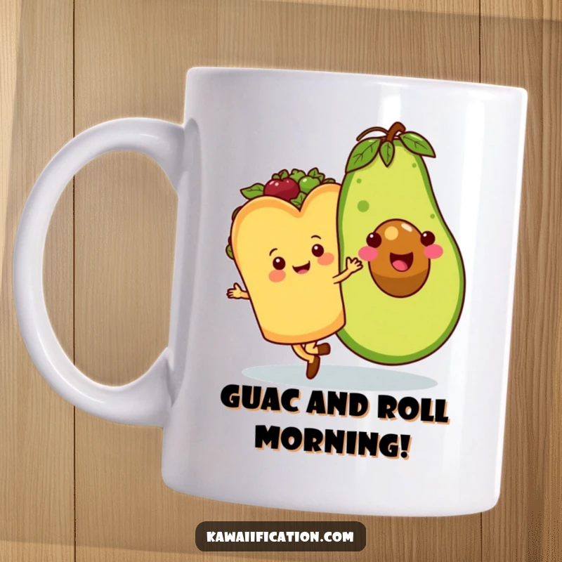 Funny mug featuring a cheerful taco character waltzing joyfully with a giant, smiling avocado, embodying foodie friendship and good times.