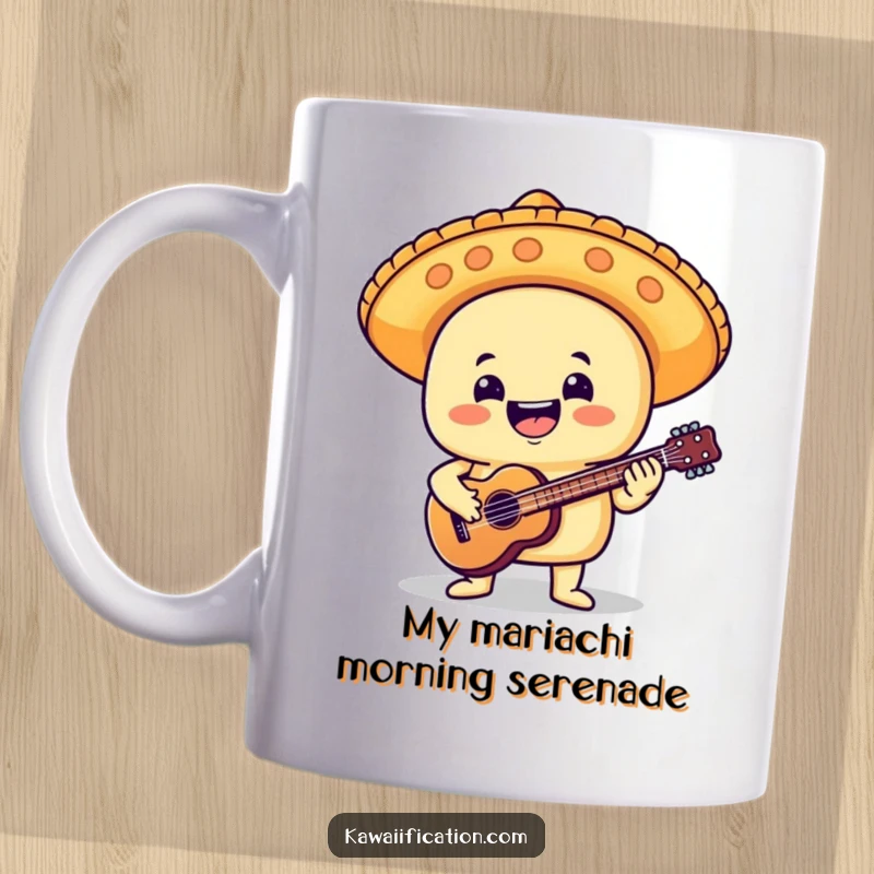 Funny mug featuring a delighted taco in a mariachi hat, strumming a tiny guitar with pure joy and musical passion.