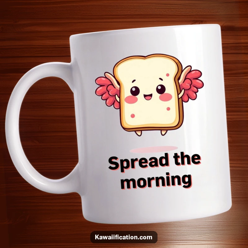 Funny mug depicting a happy toast slice with jam-laden wings humorously attempting to fly, embodying breakfast ambition.