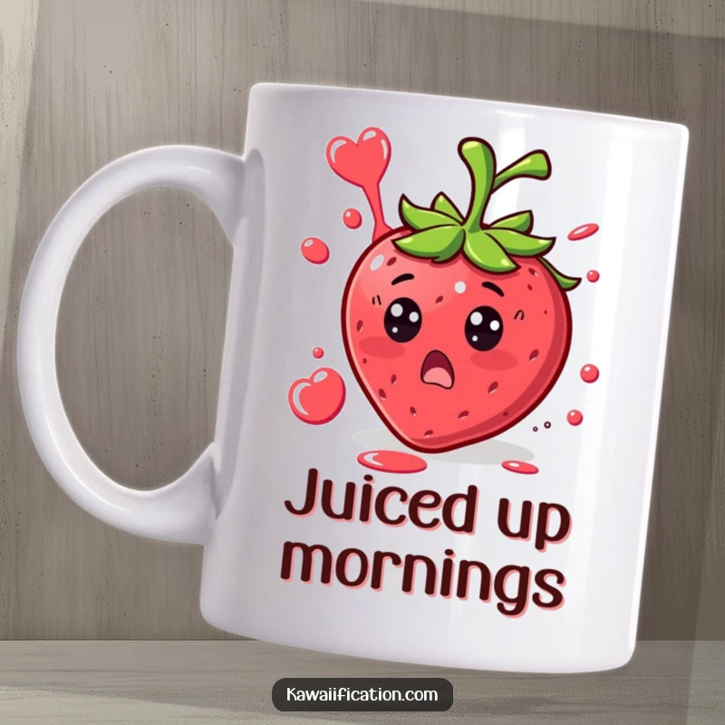 Funny Strawberry Surprise Mug graphic of a surprised strawberry character with juice splattering in a funny shape, a delightful and humorous gift.