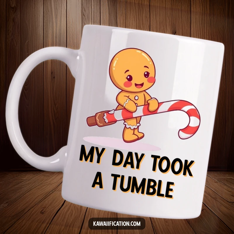 Funny mug depicting a mischievous gingerbread man character comically tripping over a giant, striped candy cane.