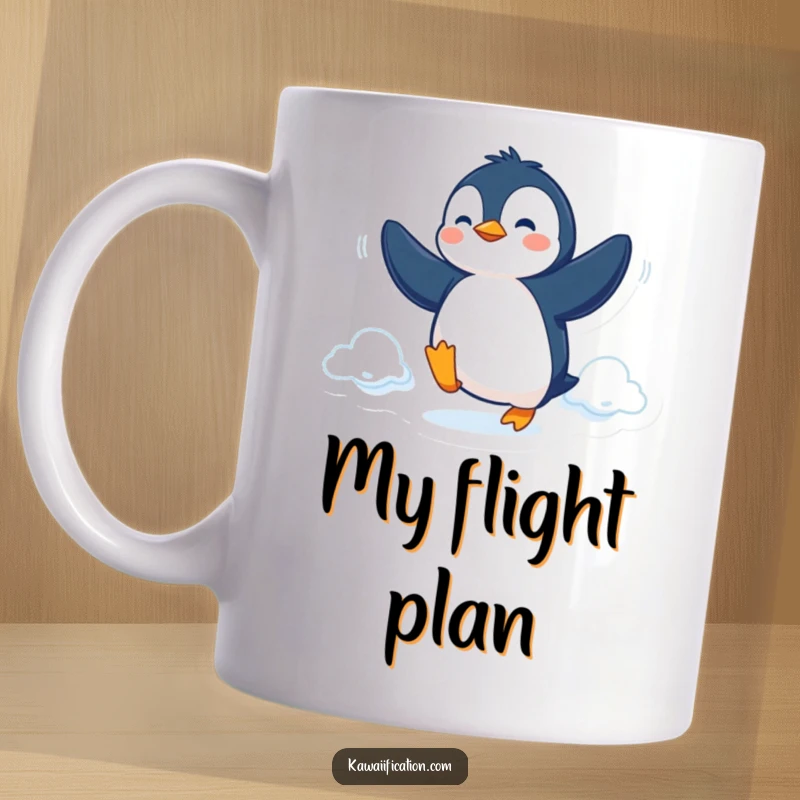 Funny Mug featuring a determined penguin comically attempting to fly using its flippers, showcasing ambition.