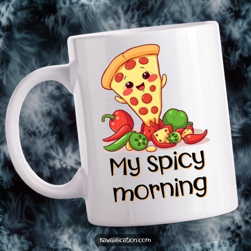 Funny mug showing a giggling pizza slice character hilariously slipping on a scattered pepper, depicting a moment of delicious chaos.