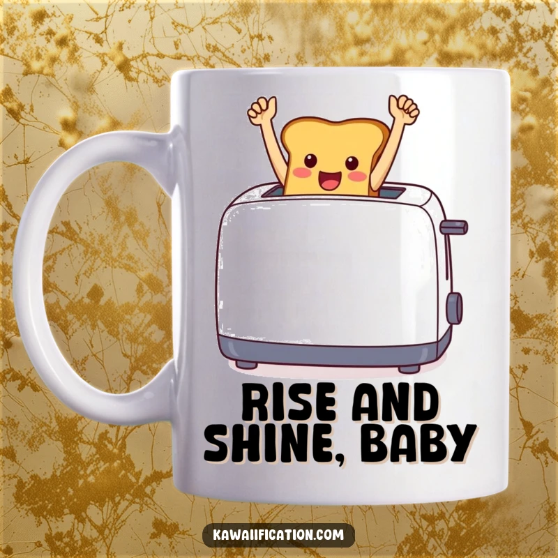 Funny cheerful toast jumping triumphantly from a toaster, arms in the air, on a coffee mug.