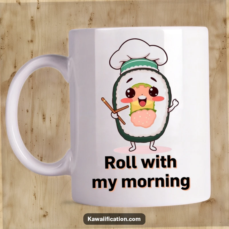 Funny mug featuring a cheerful sushi roll in a chef hat, comically juggling chopsticks with concentration and a hint of panic.