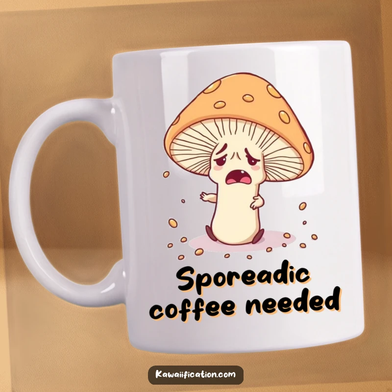 Funny nervous mushroom character tripping over its cap, scattering spores, perfect for a unique mug.