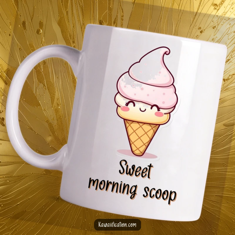 Funny Mug: A playful ice cream cone character wearing a cone hat, looking cheerful. A sweet and funny gift.