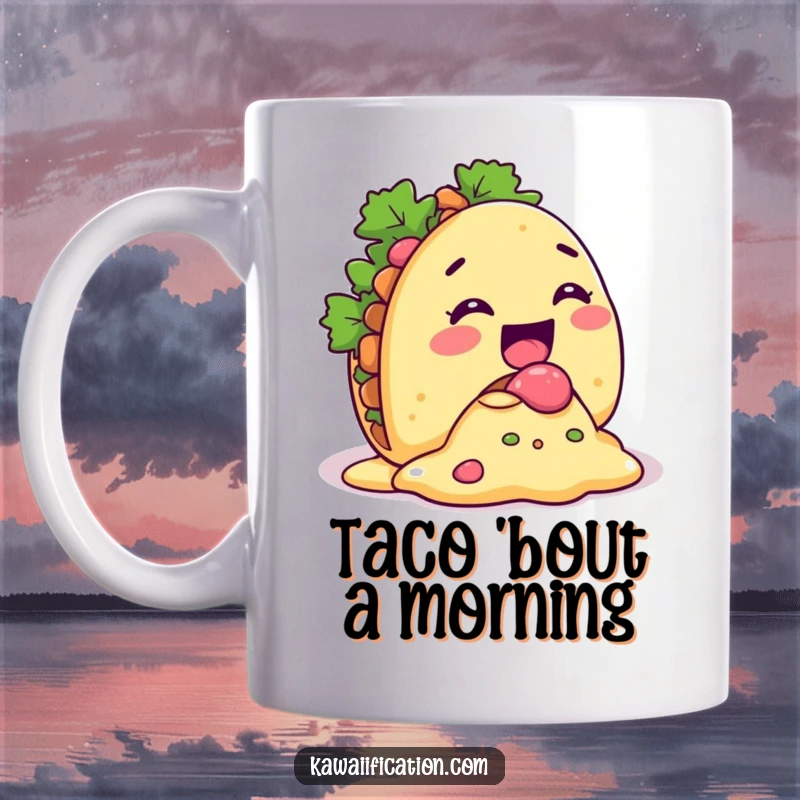 Funny Taco Spill Mug graphic of a giggling taco character with its filling comically spilling out, a delightful and humorous gift.