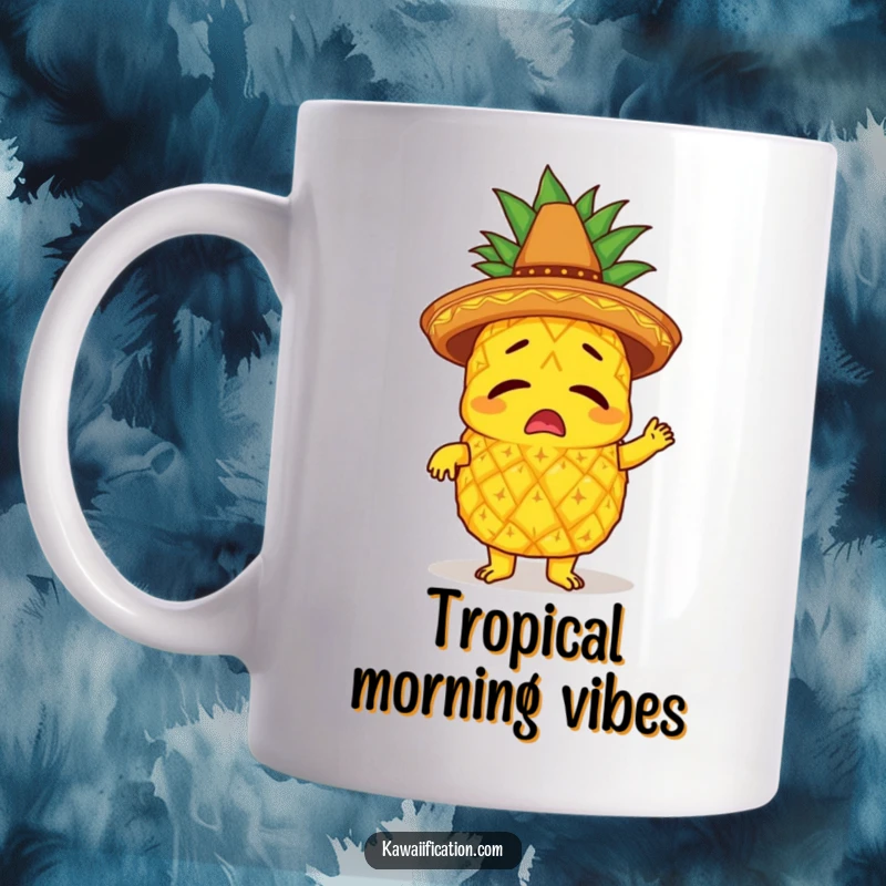 Funny mug featuring a bewildered pineapple in a sombrero, comically attempting to limbo under a low bar.