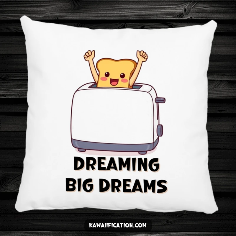 Funny cheerful toast jumping out of a toaster with arms raised in victory, designed on a soft pillow.