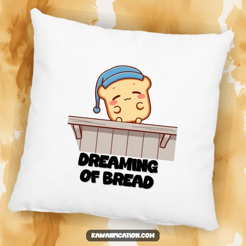 Funny sleepy bread loaf wearing a nightcap, falling off a shelf, a plush pillow featuring a comical sleeping character, great funny gift.
