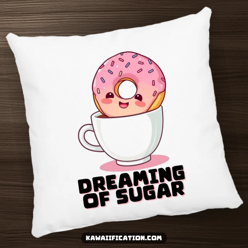 Funny throw pillow featuring a giggling donut with sprinkles floating upside down in a coffee cup, perfect for snuggling.