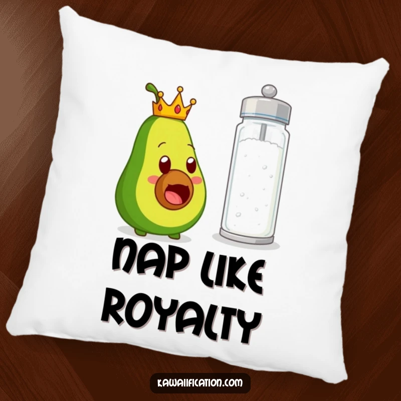 Funny pillow with a cute crowned avocado looking shocked by a massive salt shaker, adding a touch of humorous comfort to any space.