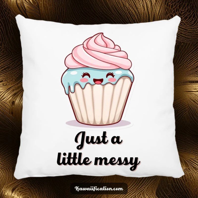 Funny pillow featuring a happy cupcake character with frosting dripping down its side, a soft and sweet accent.