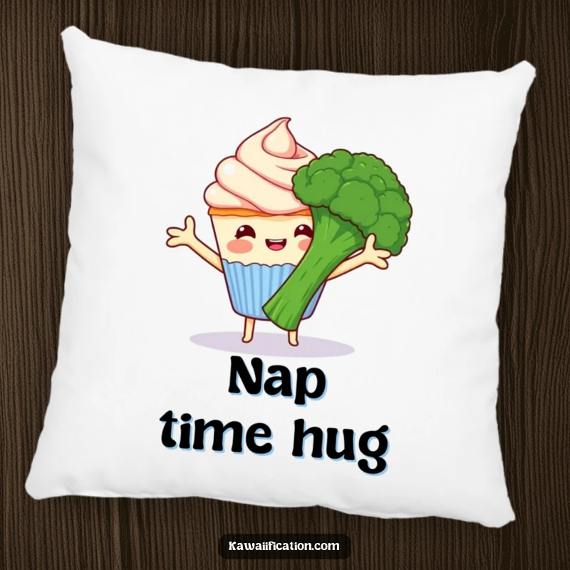 Funny happy cupcake with frosting arms hugging grumpy broccoli, a plush pillow featuring sweet and grumpy cartoon food, great funny gift.