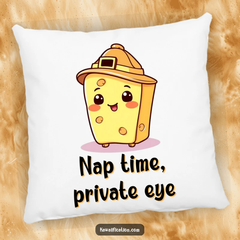 Funny cheese slice wearing a detective hat, resting on a soft pillow, cute and humorous.