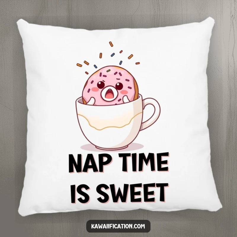 Funny pillow featuring a surprised donut character with sprinkles flying, comically falling off a giant coffee cup, adding cozy humor.