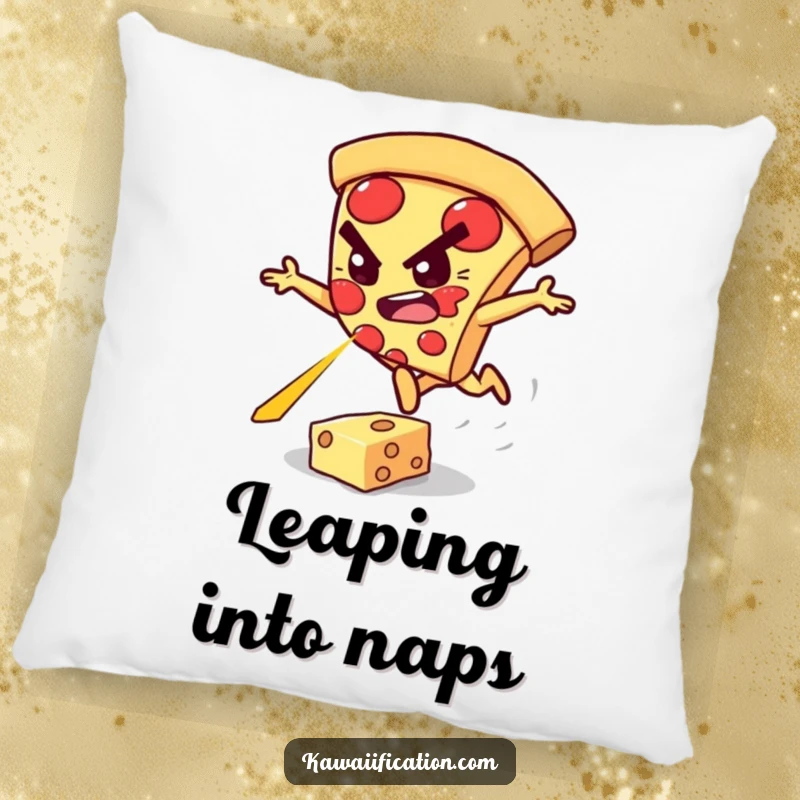 Funny pillow featuring a determined pizza slice character leaping over a glowing cheese laser.